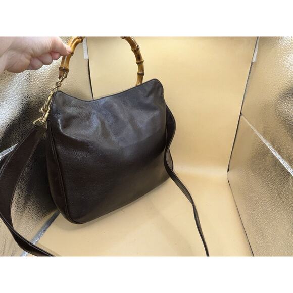 Authentic GUCCI Vintage Brown Leather Large Bamboo Satchel 2way Detachable Strap - Picture 8 of 13